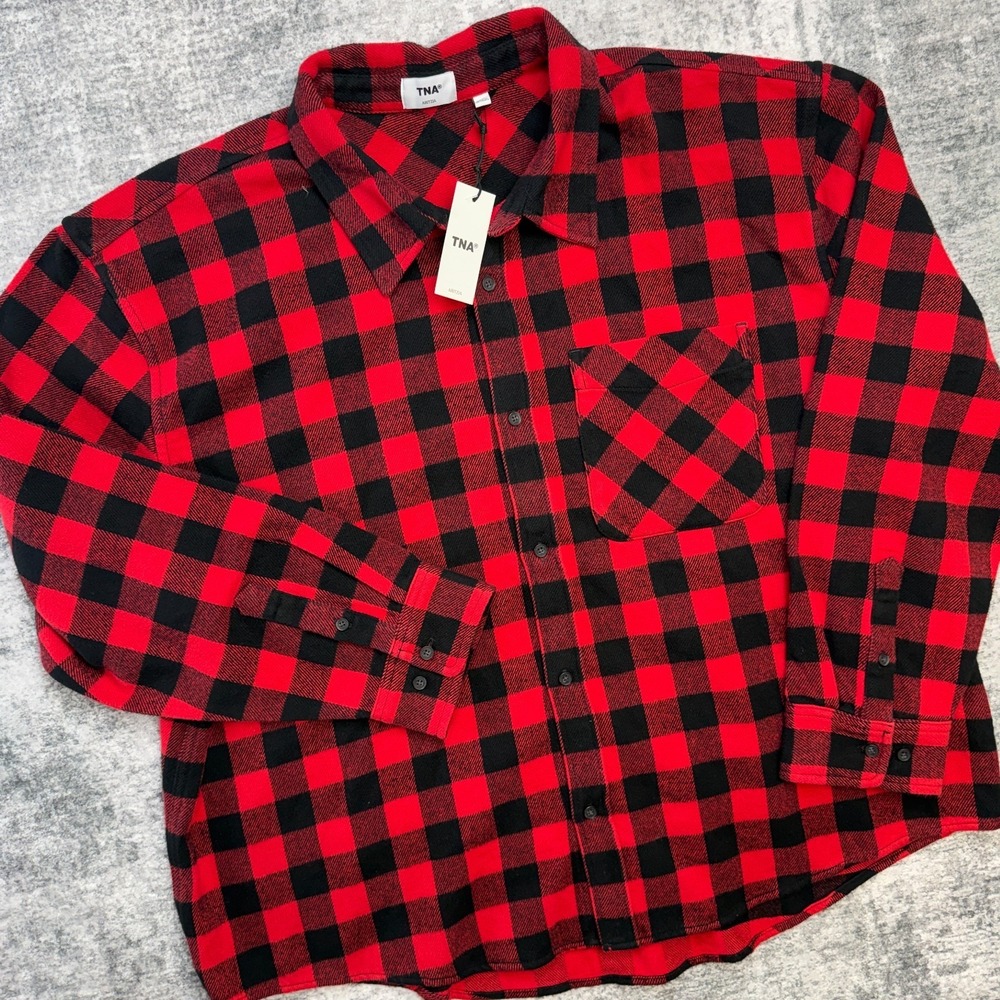TNA Aritzia Flannel Shirt Womens XL Red Black Buffalo Check Oversized Shacket